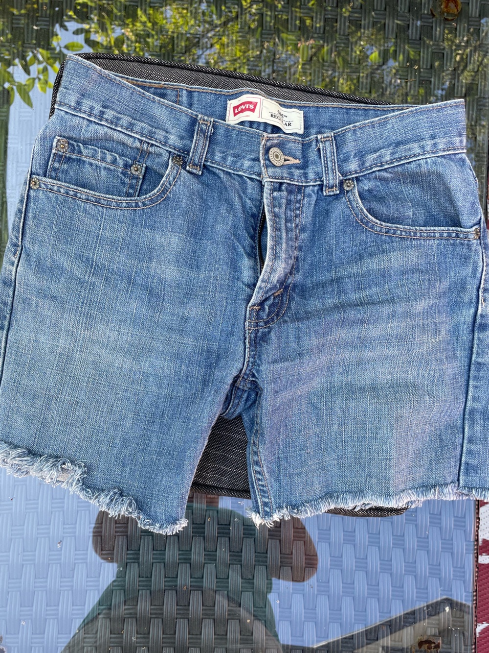 Levi's 505 Light Blue Frayed Hem Cropped Denim Shorts